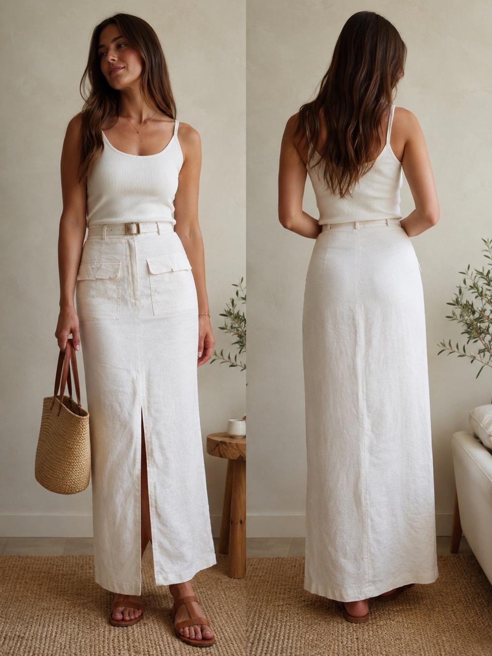 Zara Cream Maxi Linen-Blend Skirt with Front Slit